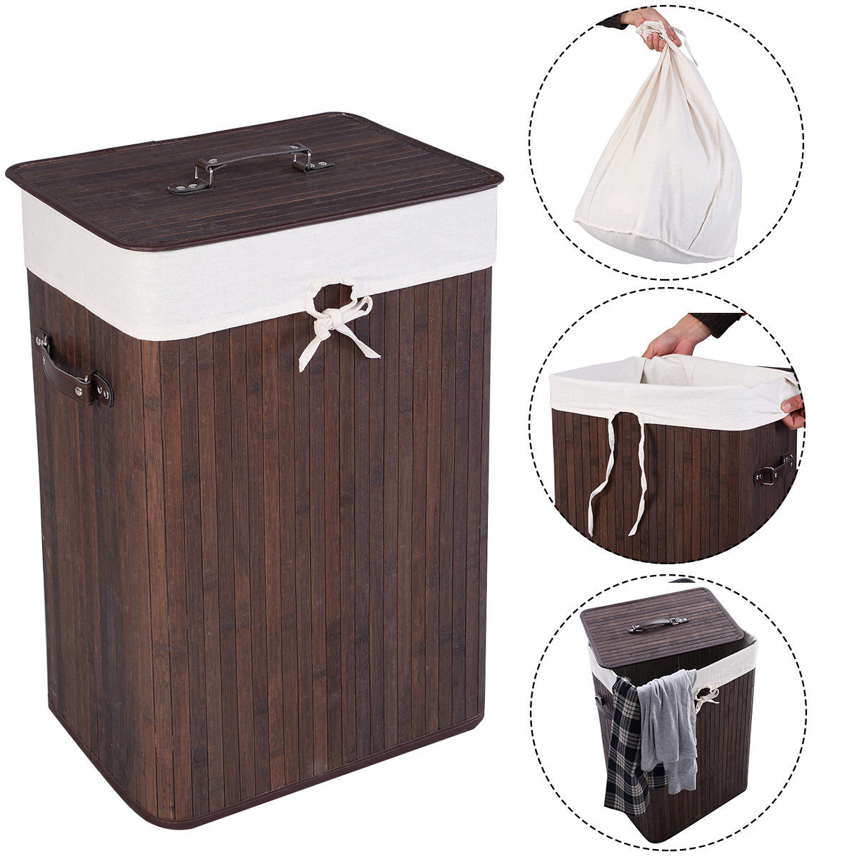 19 Gal Rectangle Laundry Basket Bamboo Clothes Hamper with Handles and Lid DirectDeals