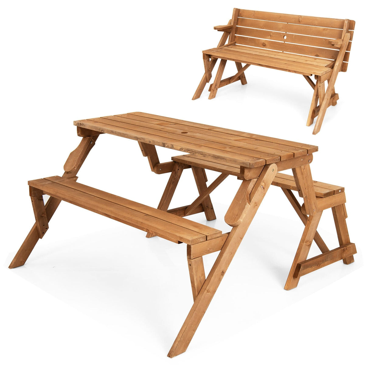 2-in-1 Transforming Interchangeable Wooden Picnic Table Bench with Umbrella Hole-Dark Brown