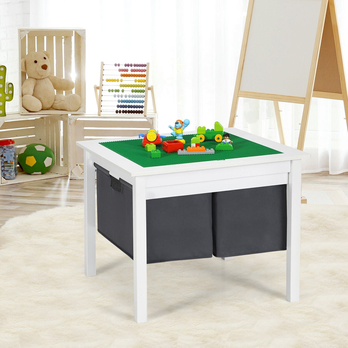 2-in-1 Kids Double-sided Activity Building Block Table with Drawers-White GBruno Store