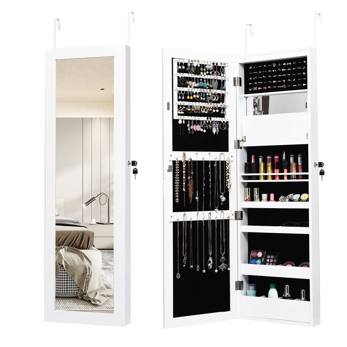 Lockable Wall Door Mounted Mirror Jewelry Cabinet w/LED Lights