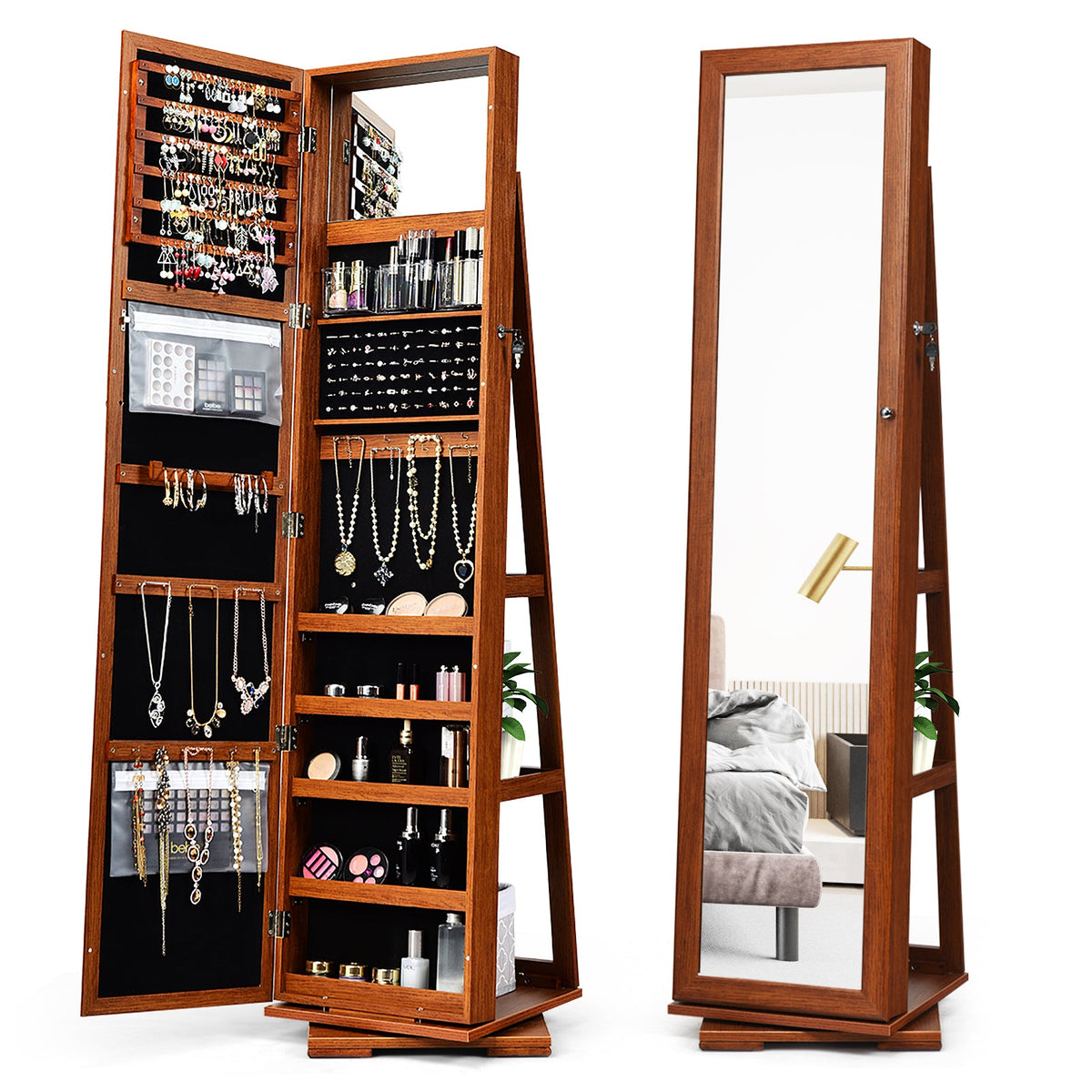 360° Rotatable 2-in-1 Lockable Jewelry Cabinet with Full-Length Mirror
