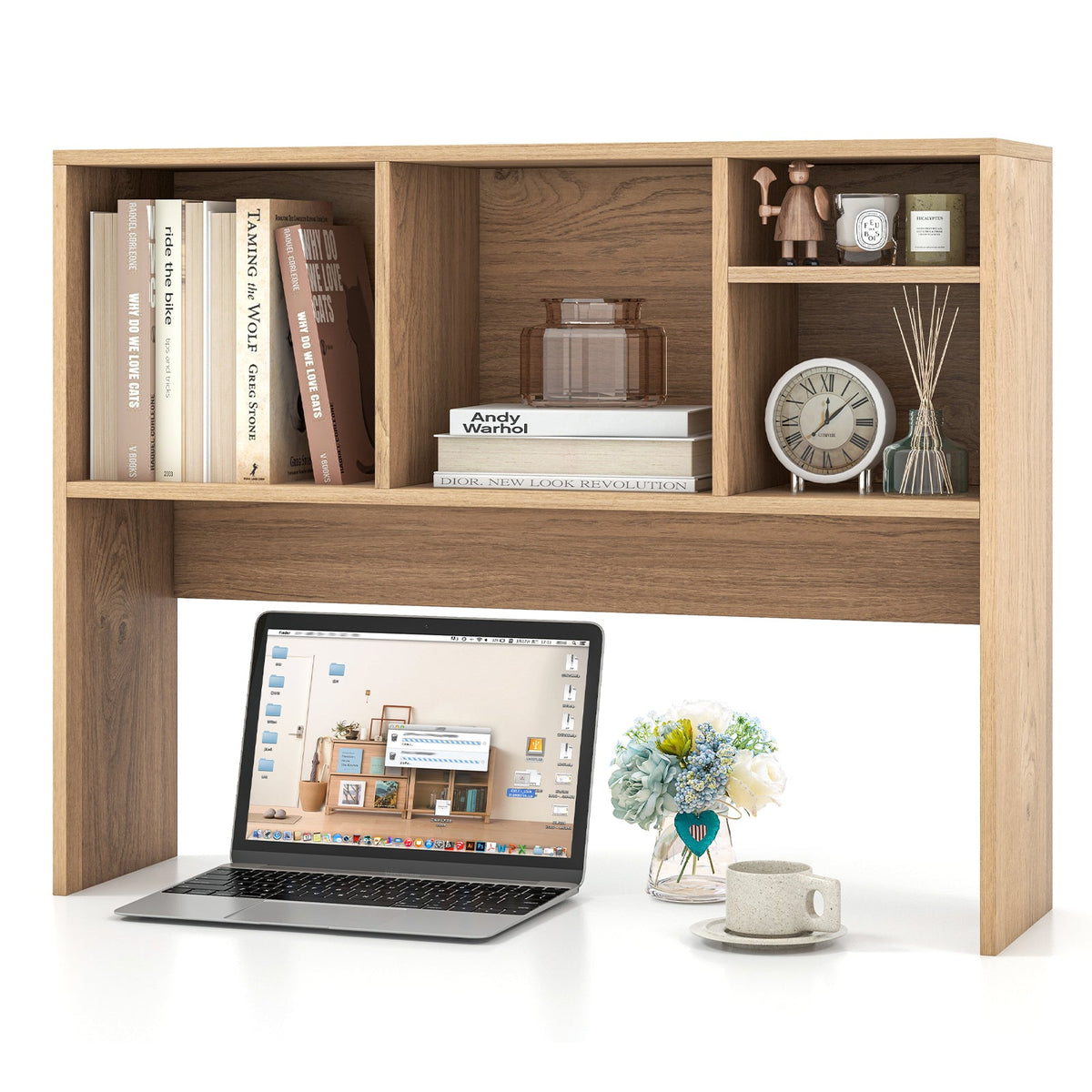 Computer Desktop Bookcase with 4 Cubbies and Open Back Compartment