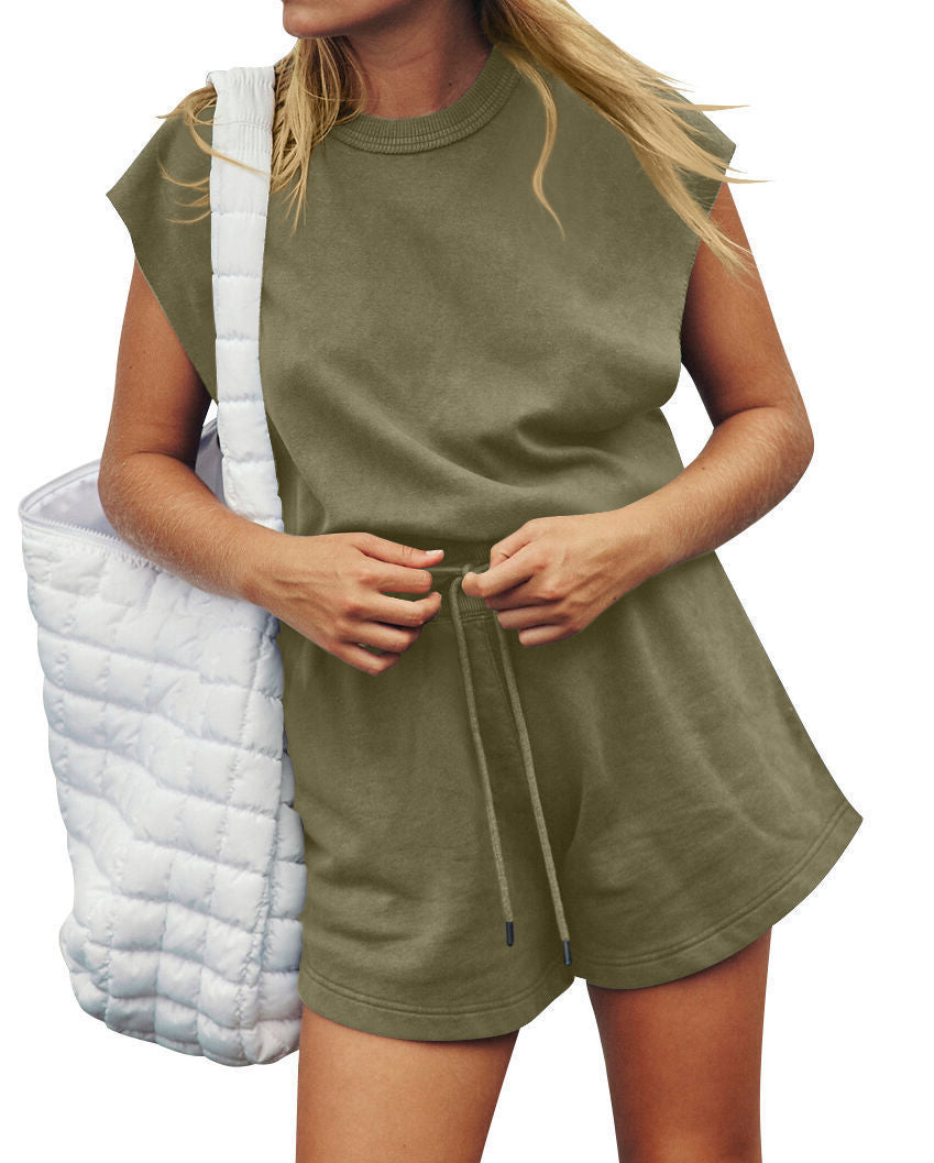 Summer Backless Drawstring Shorts Jumpsuit