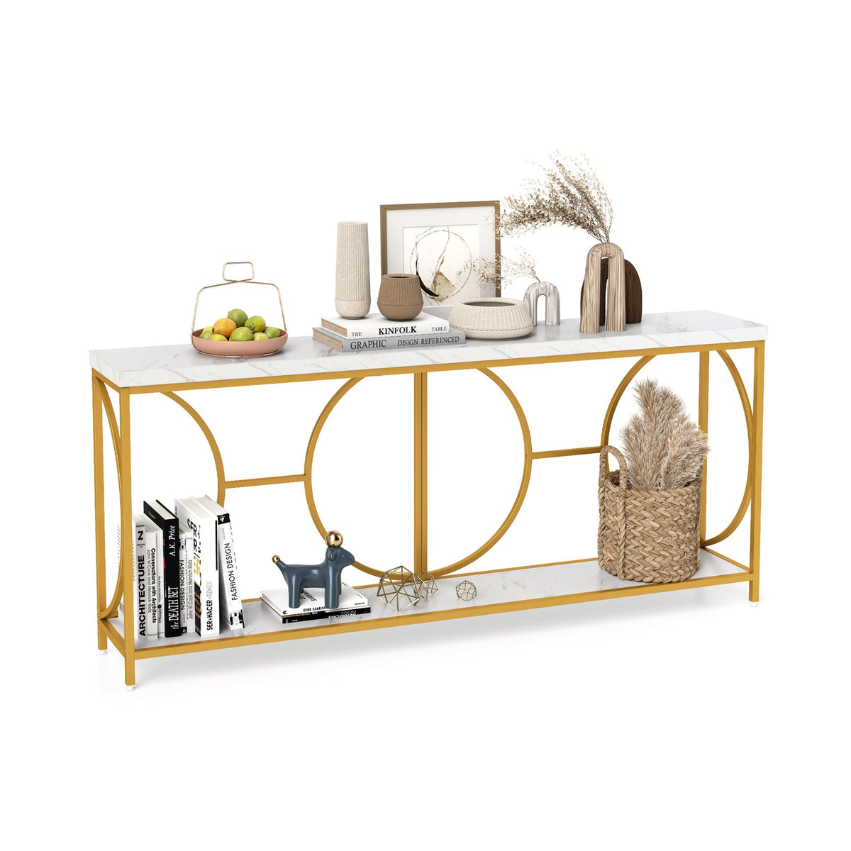 2-Tier Faux Marble Top Console Table with Storage Shelf-White