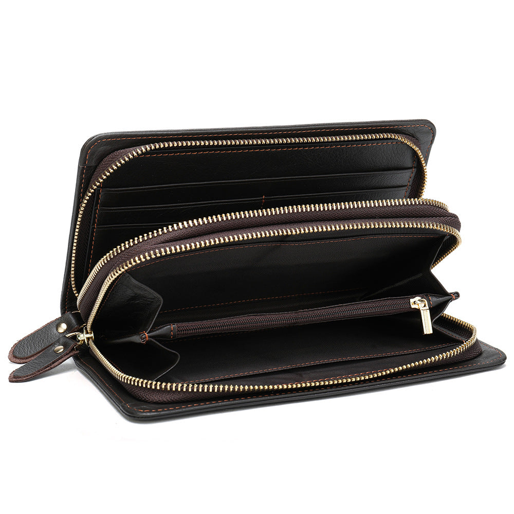 Double Zipper Cowhide Clutch Wallet