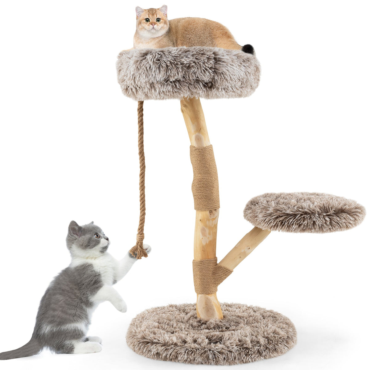 Modern Wooden Cat Tree Tower with Perch and Natural Jute Scratching Posts-Brown