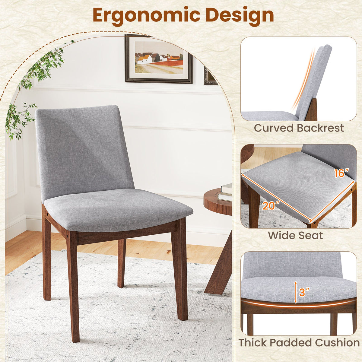 Set of 2 Wooden Dining Chairs Upholstered with High Curved Back-Walnut