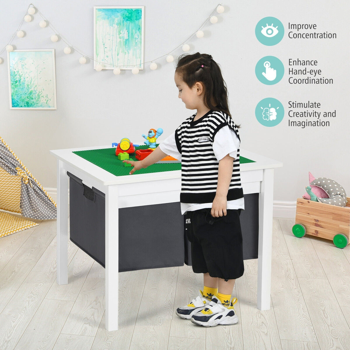 2-in-1 Kids Double-sided Activity Building Block Table with Drawers-White GBruno Store