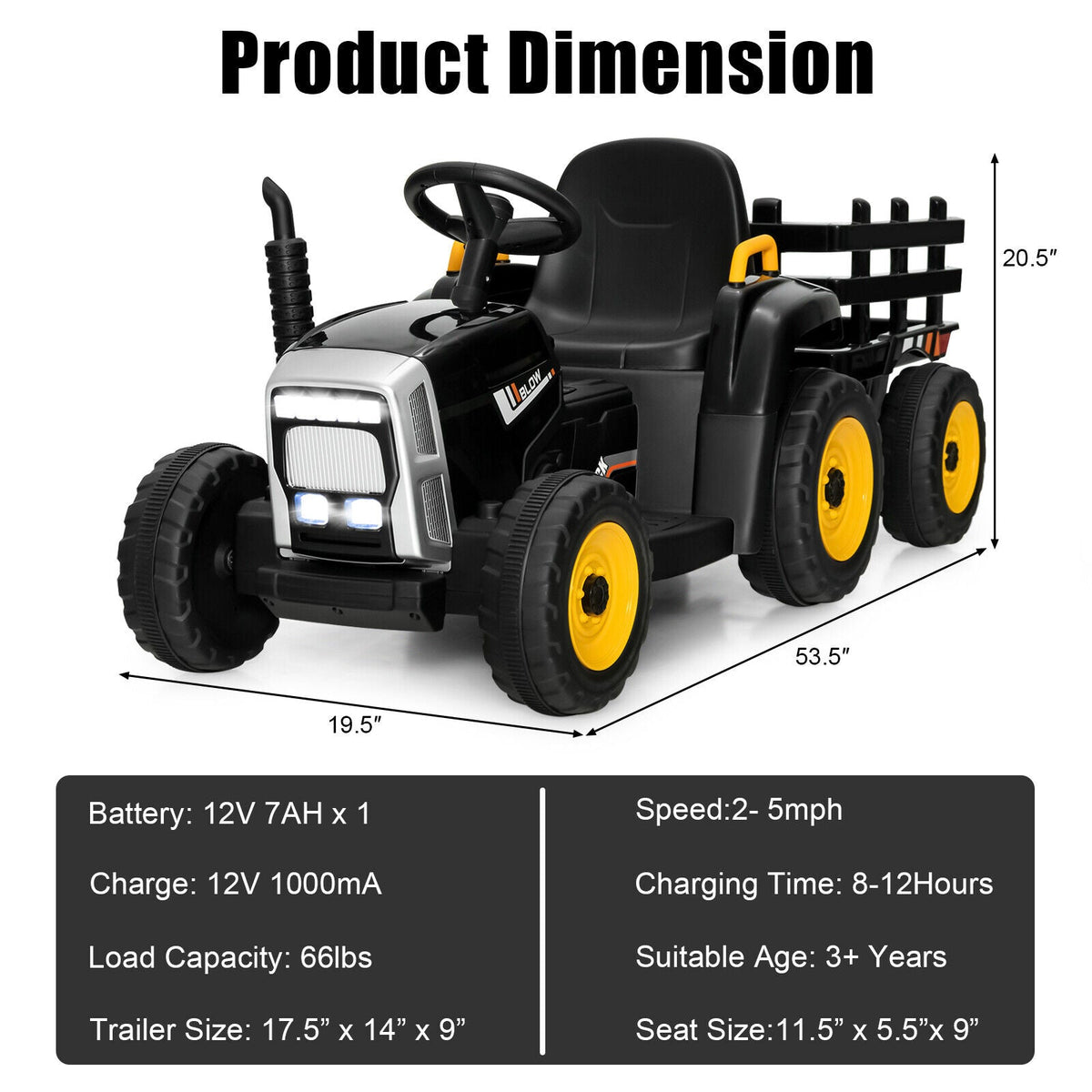 12V Ride on Tractor with 3-Gear-Shift Ground Loader for Kids 3+ Years Old