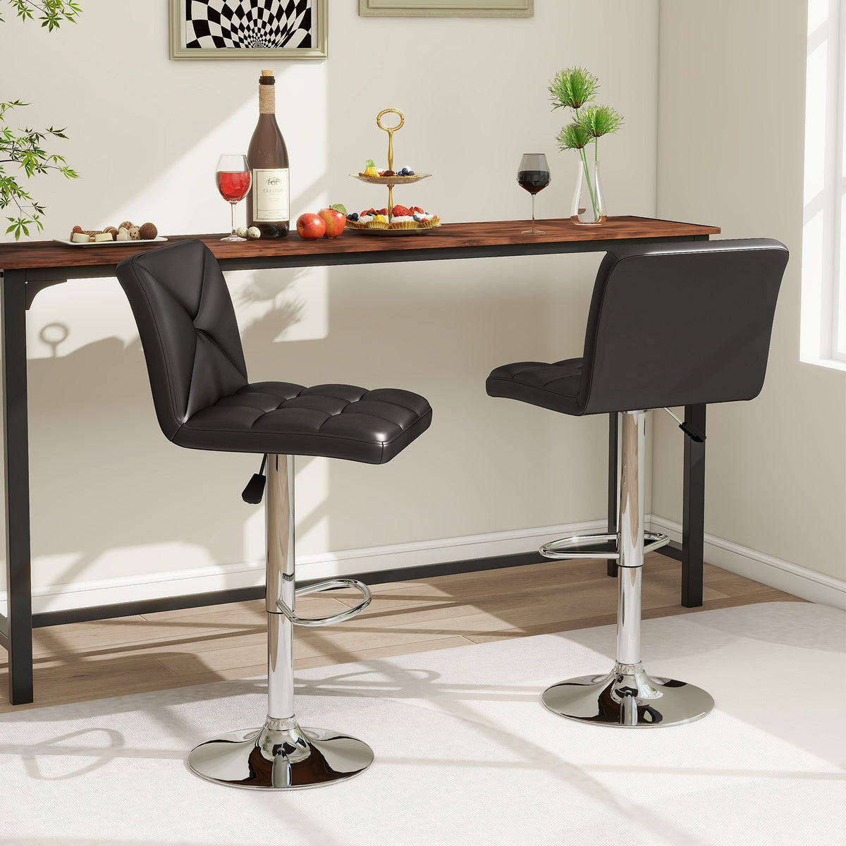 PU Leather Upholstered Bar Stools Set of 2 with Back and Adjustable Height