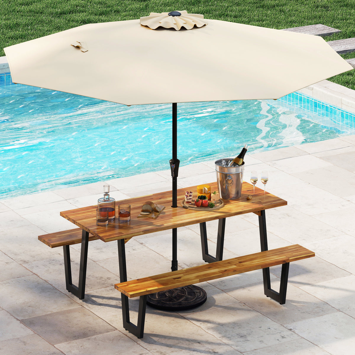 Outdoor Dining Table Set for 6 with 10 Feet Umbrella and Base