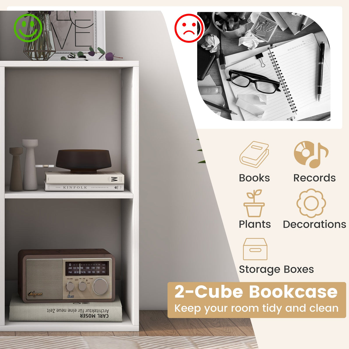 2 Cube Bookshelf with Back Guardrail for Living Room Bedroom