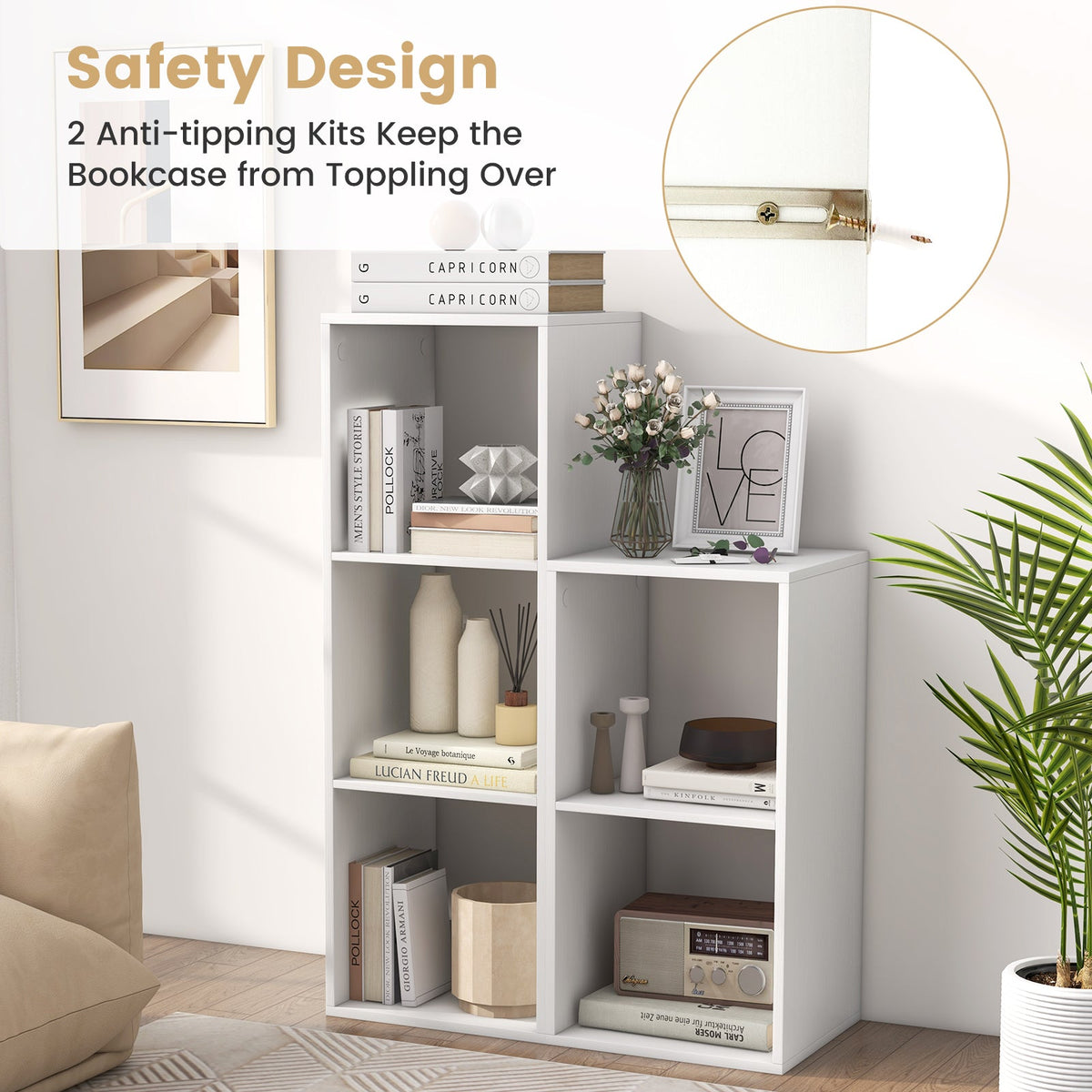 2 Cube Bookshelf with Back Guardrail for Living Room Bedroom