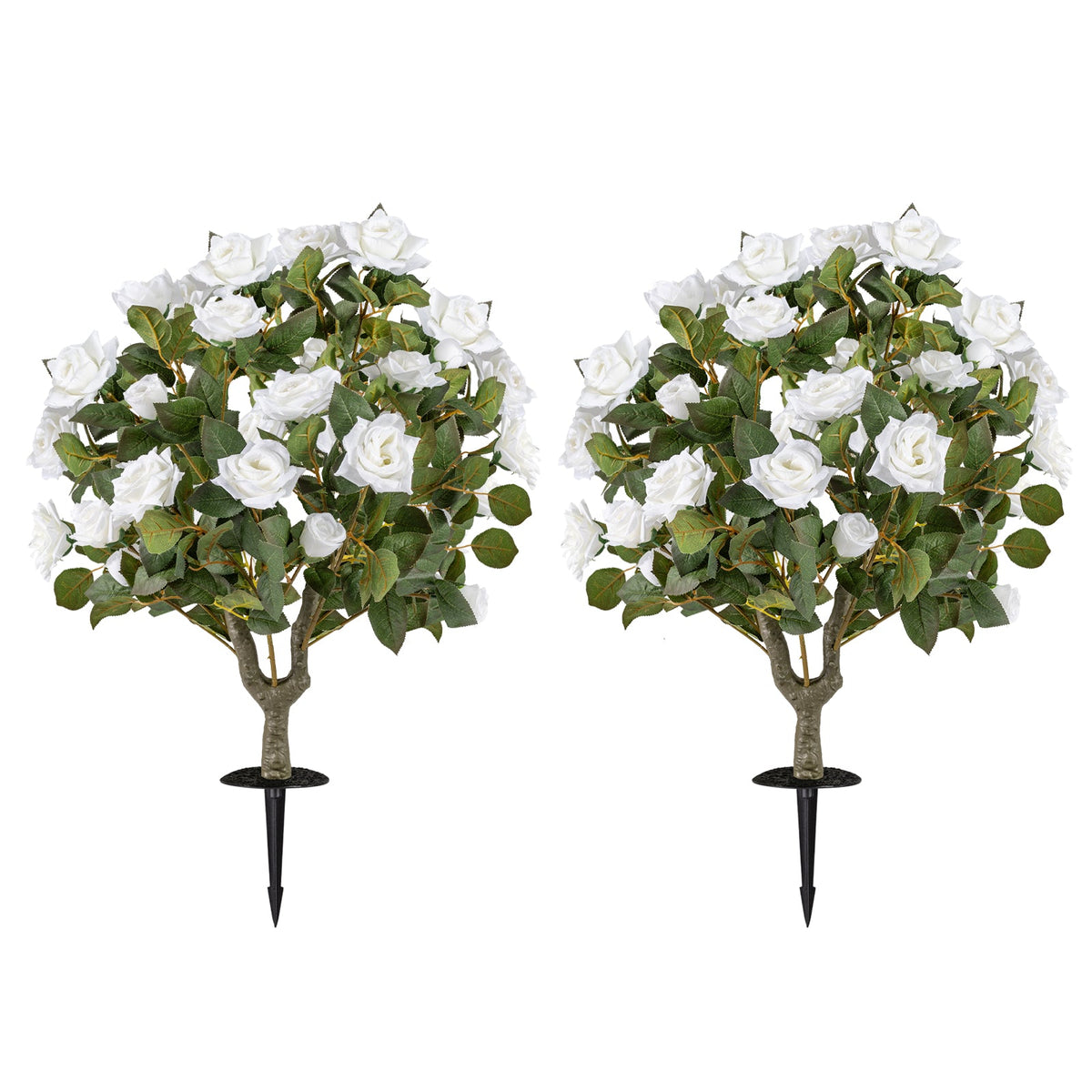2 Pack Artificial Rose Flower Trees with Spikes and 18 White Flowers-White