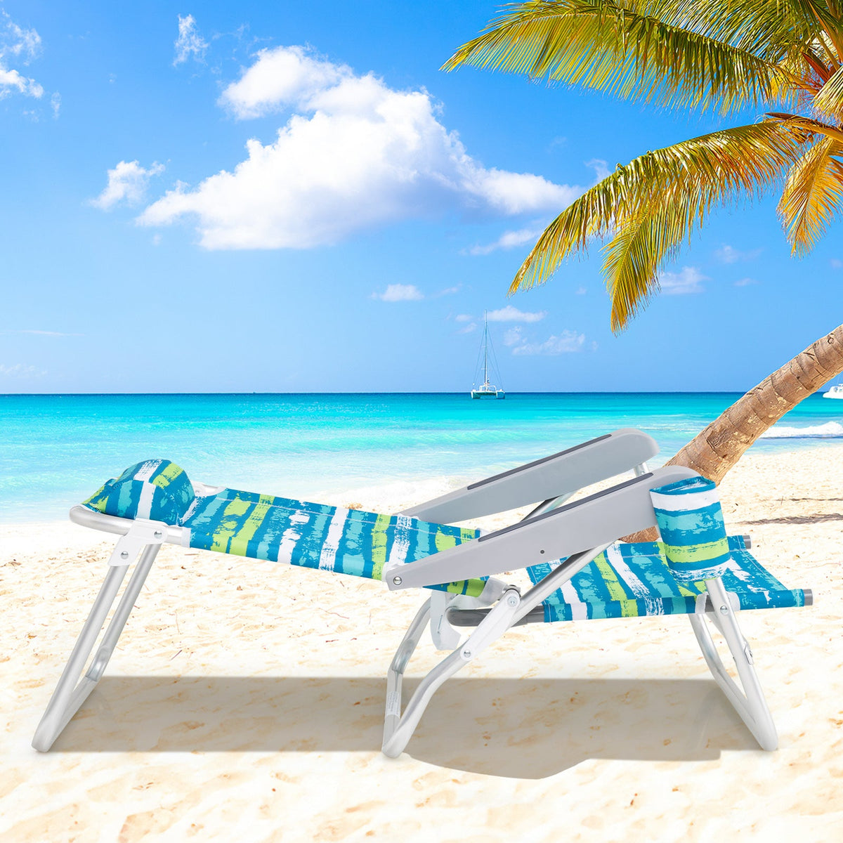 2 Pack Folding Beach Chair with Adjustable Positions and Head Pillow