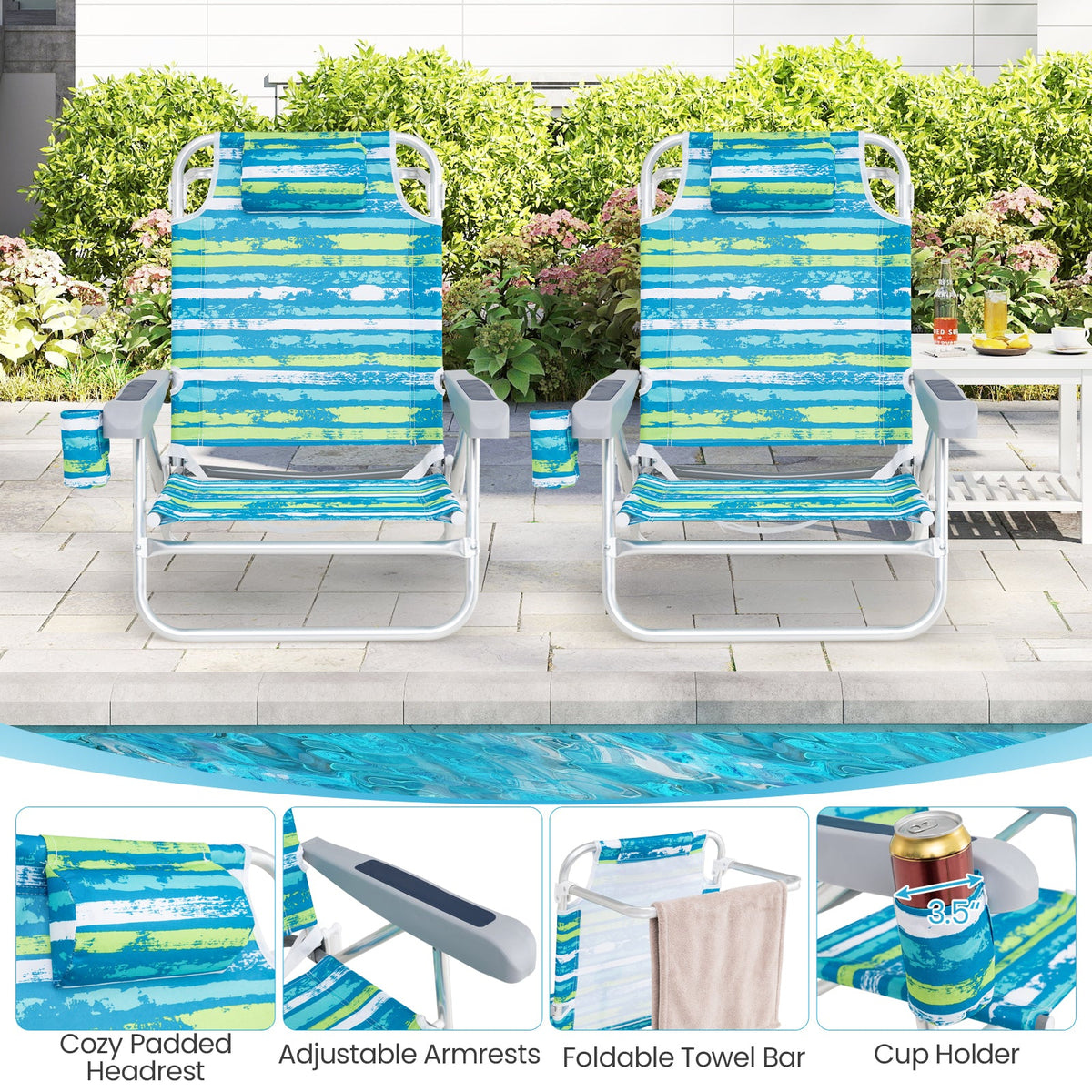 2 Pack Folding Beach Chair with Adjustable Positions and Head Pillow