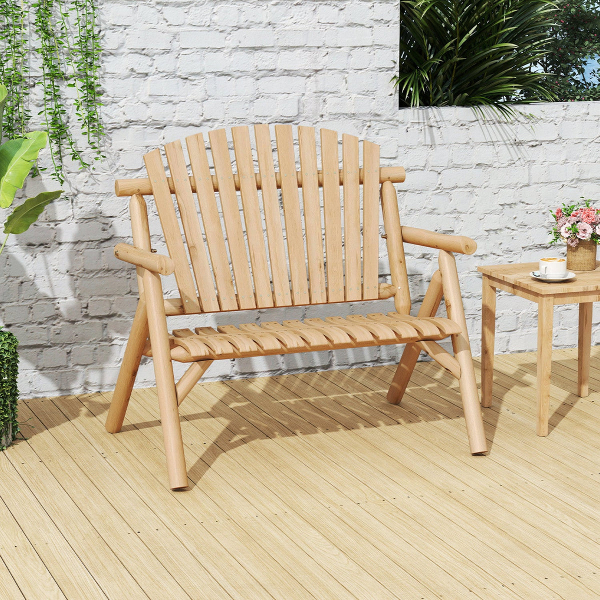 2-Person Log Wood Patio Bench with Slatted Backrest DirectDeals