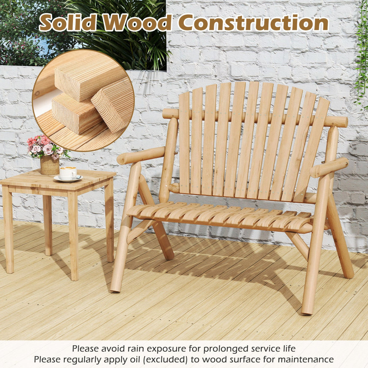 2-Person Log Wood Patio Bench with Slatted Backrest DirectDeals