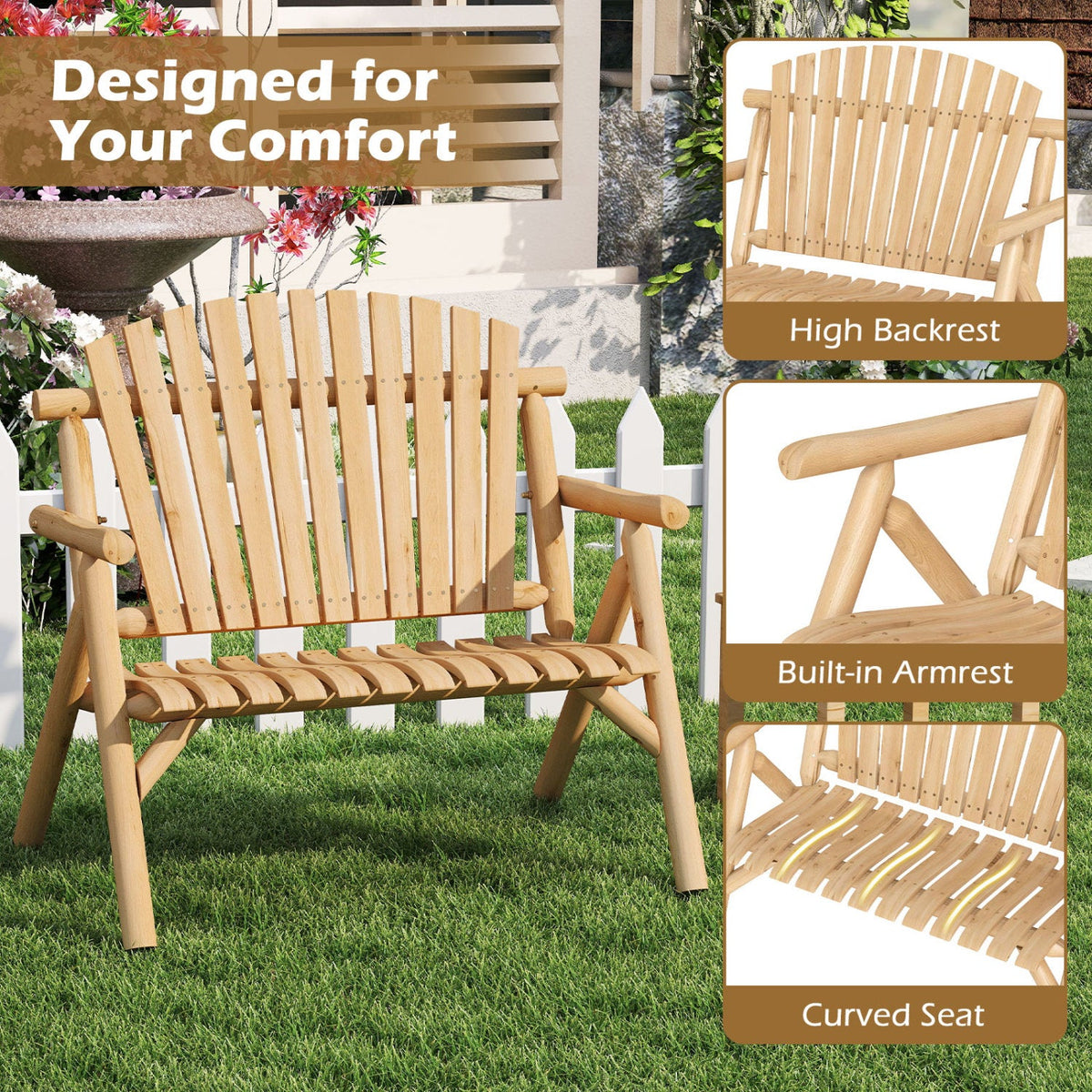 2-Person Log Wood Patio Bench with Slatted Backrest DirectDeals