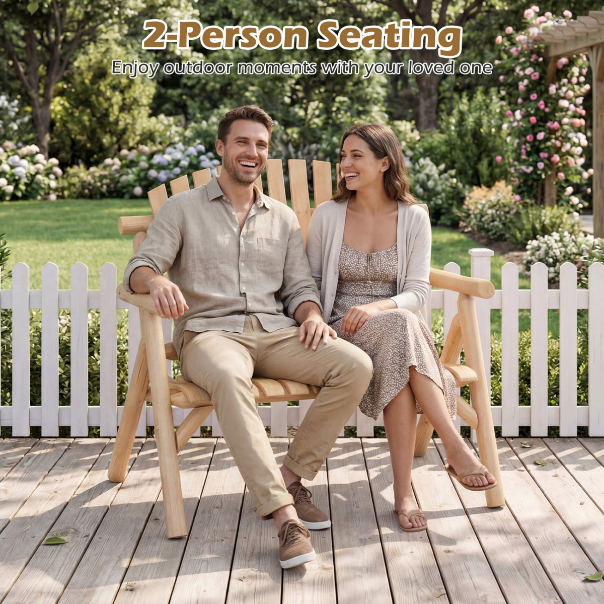 2-Person Log Wood Patio Bench with Slatted Backrest DirectDeals