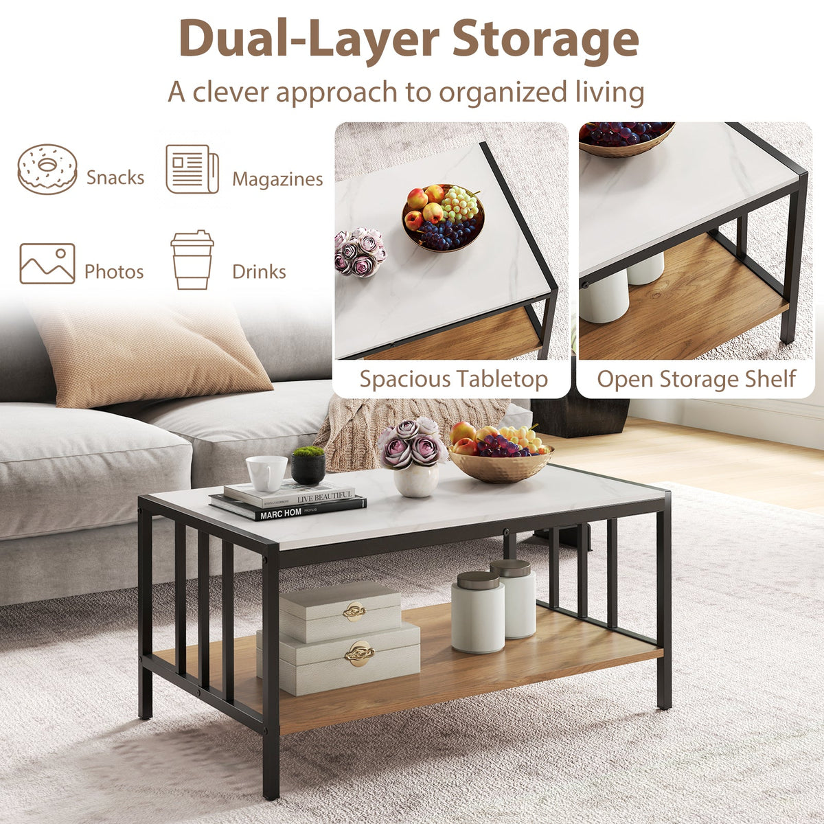 2 Tier Coffee Table with Sintered Stone Tabletop-White