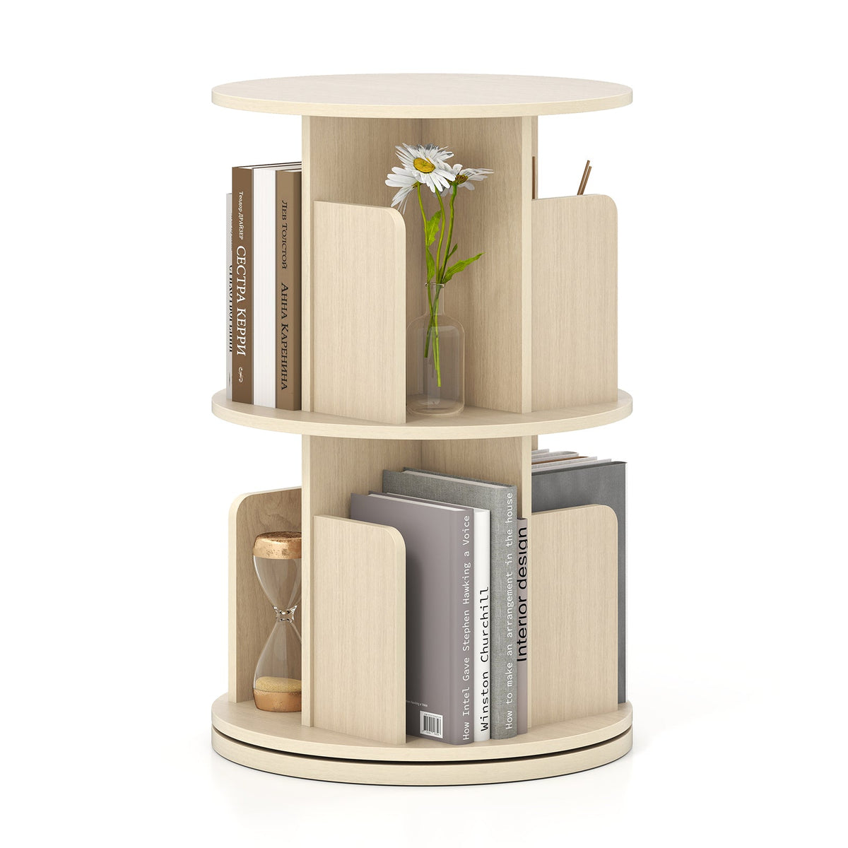 2-Tier Rotating Bookshelf with Dividers and Anti-falling Baffles
