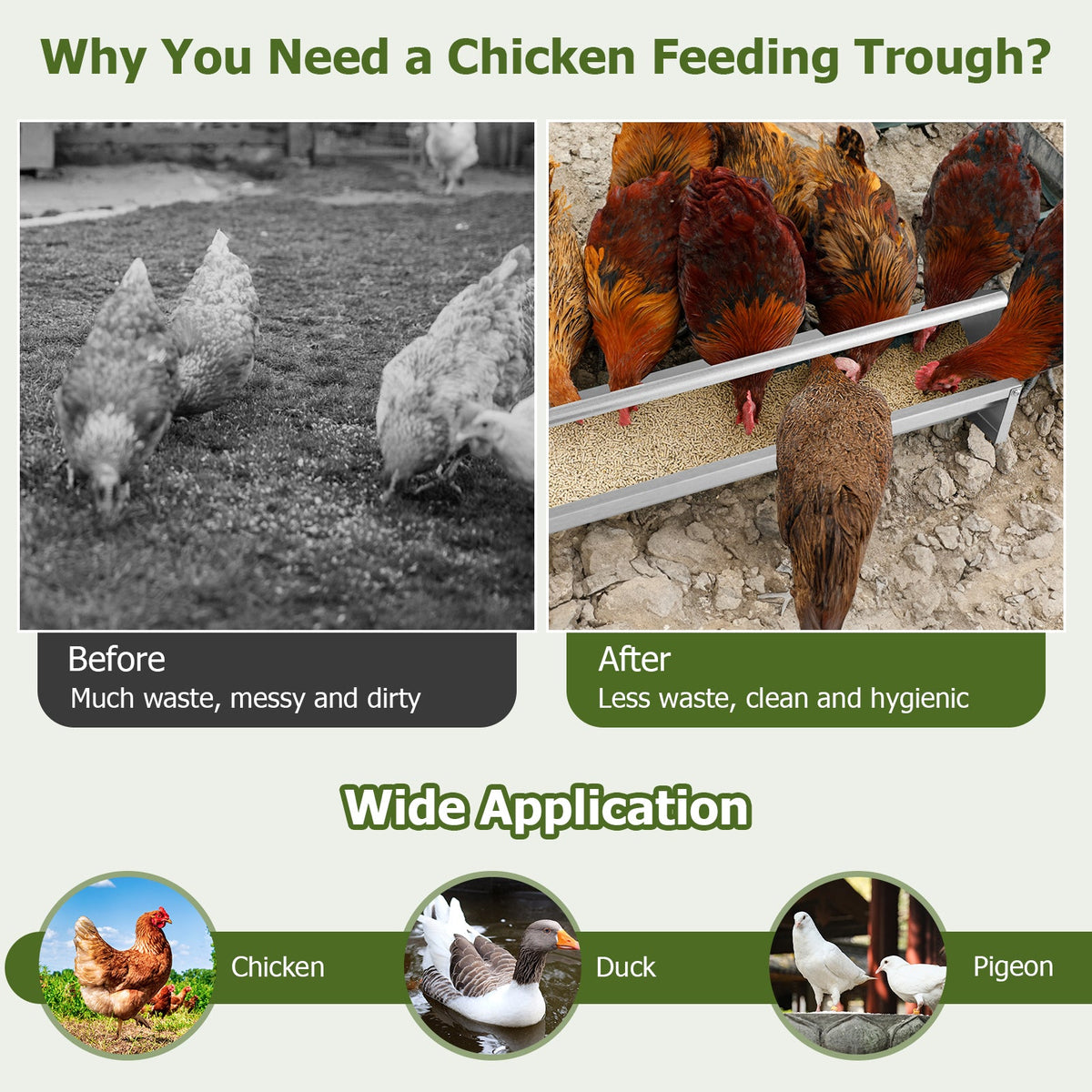 Metal Chicken Feeder Chicken Feeding Trough with Drainage Holes-Silver