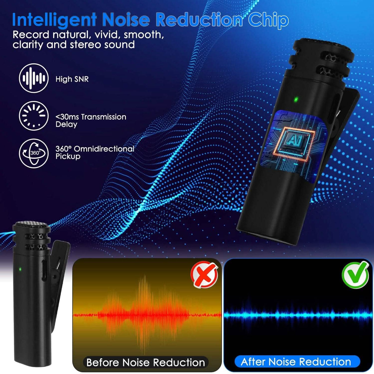3-in-1 Wireless Clip On Microphone Omnidirectional Noise Reduction Plug