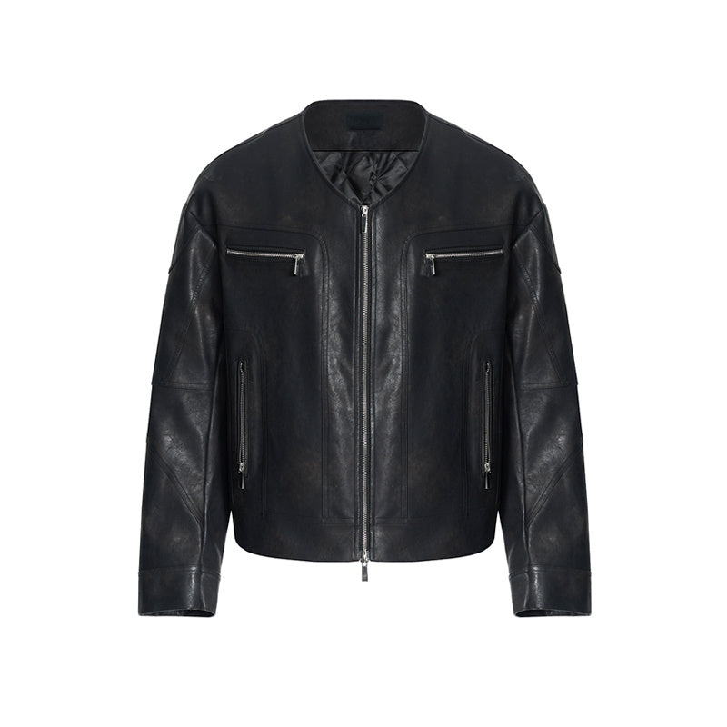 Niche V-neck Zipper Design Leather Coat For Men
