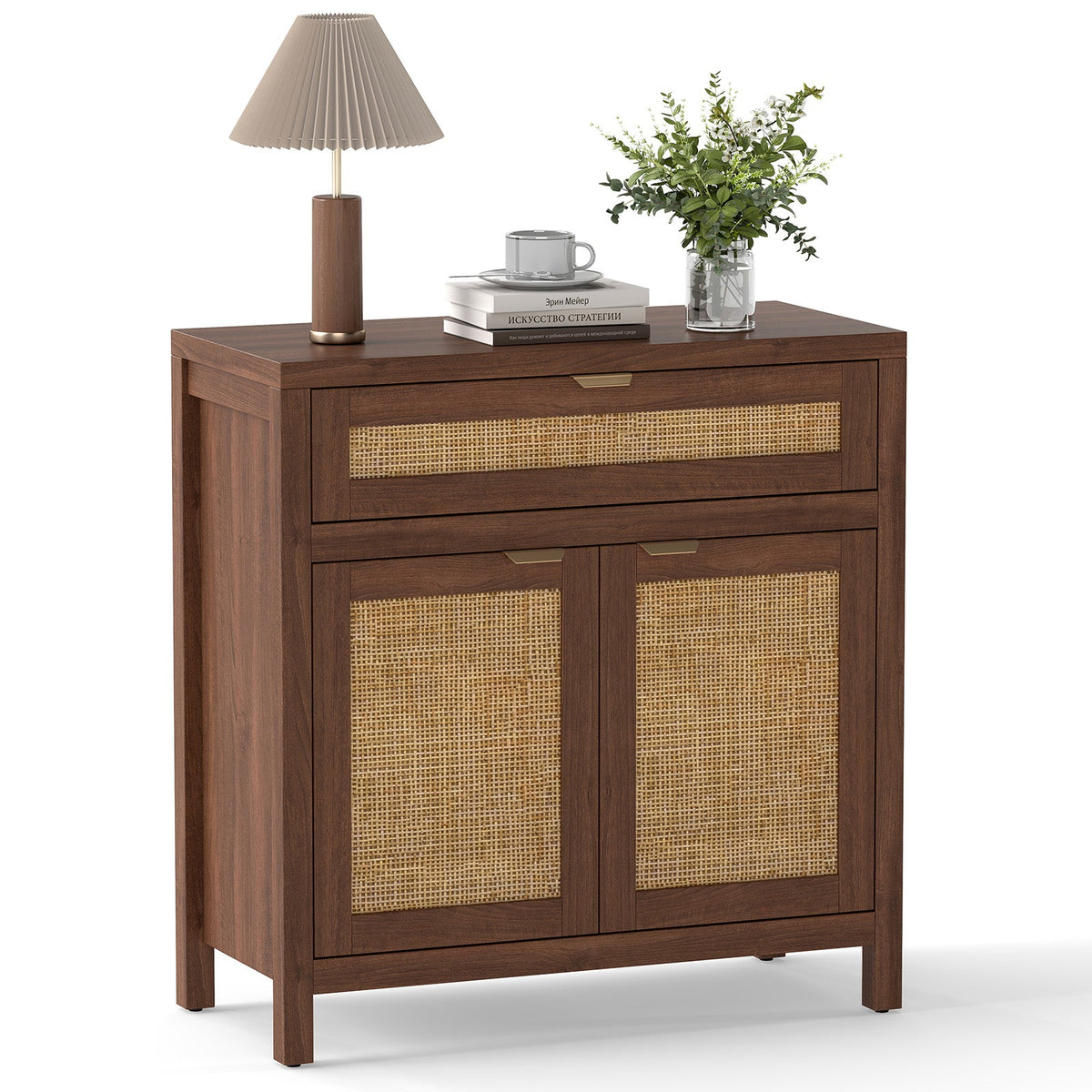 Sideboard Storage Cabinet with Rattan Doors and Drawer-Brown