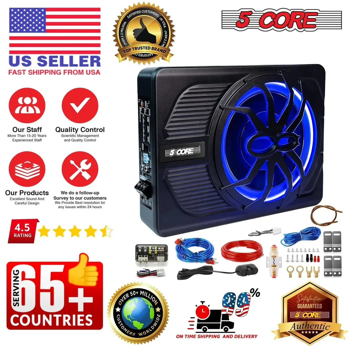 5Core 10 Inch Slim under Seat Car Audio Subwoofer 800W Built in