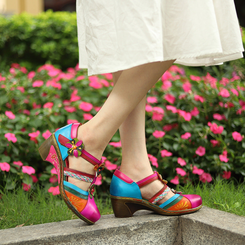 Retro Bright Flower Contrast Color Velcro Wedge