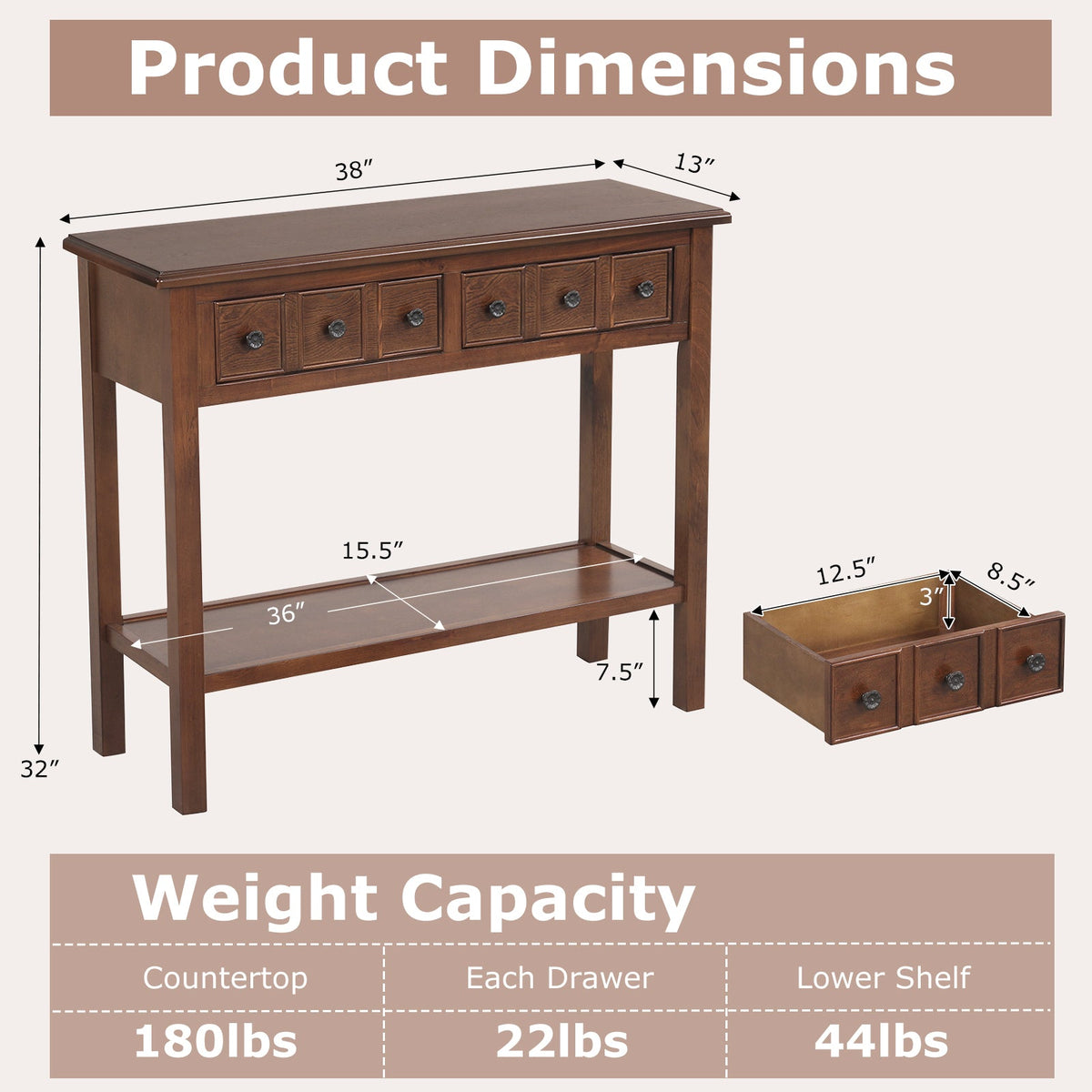 38 Inch Rustic Console Table with 2 Drawers and Bottom Open Shelf-Espresso