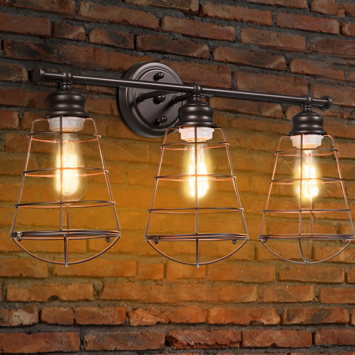 3-Light Vanity Lamp Bathroom Fixture with Metal Wire Cage