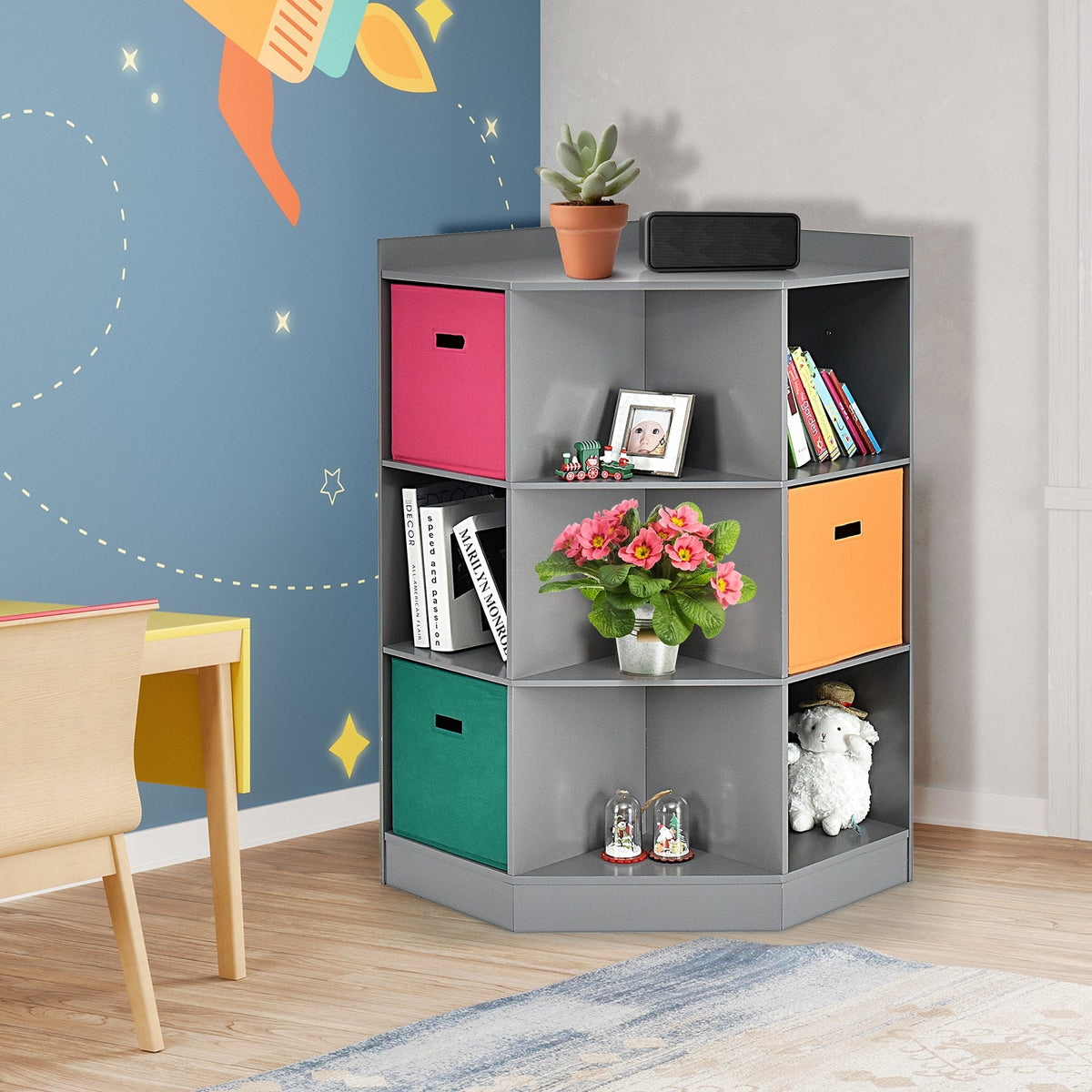 3-Tier Kids Storage Shelf Corner Cabinet with 3 Baskets-Gray GBruno Store