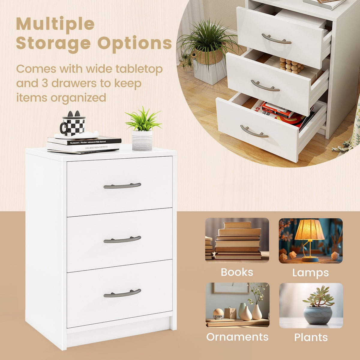 3 Drawer Nightstand with Storage for Living Room-White