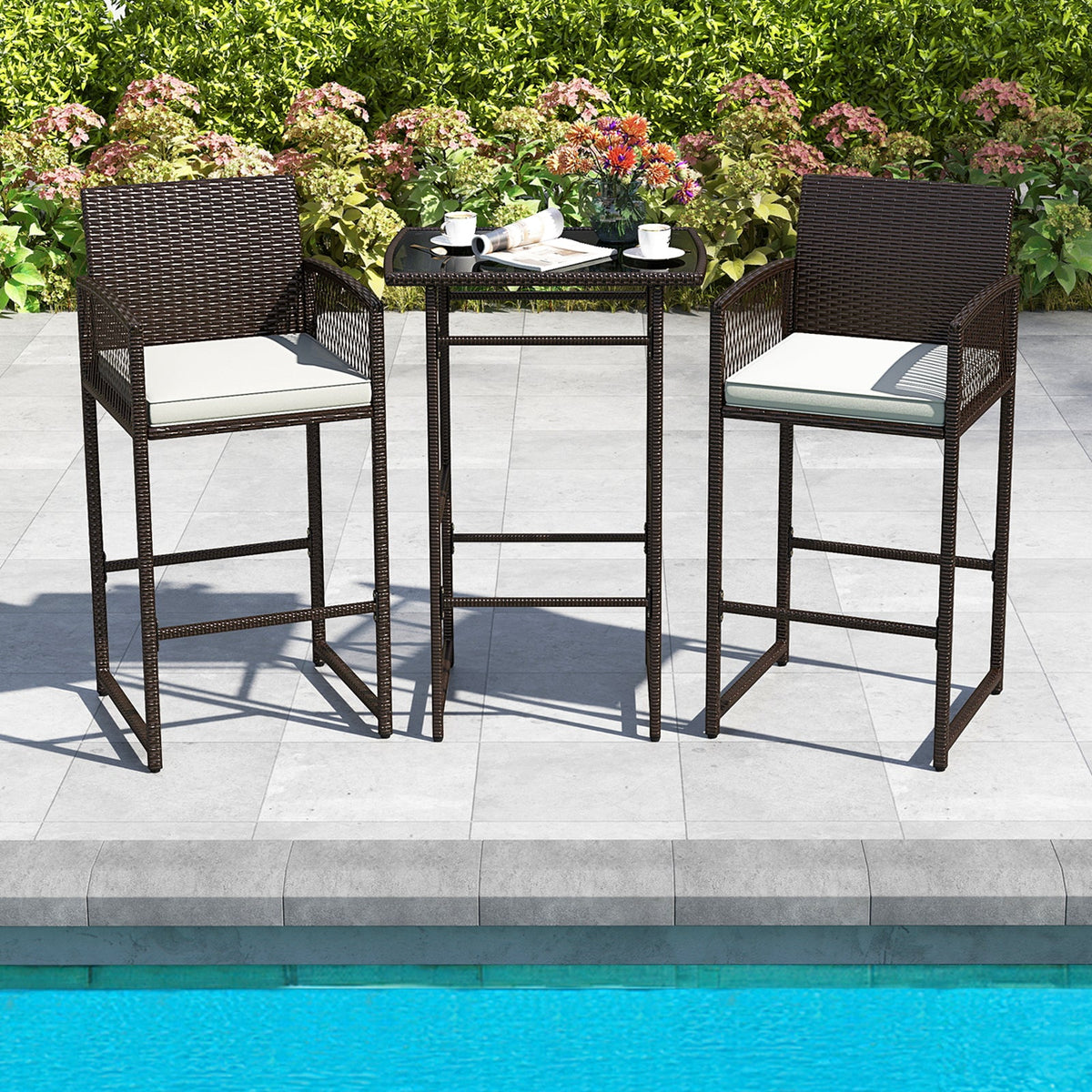 3 Piece Patio Bar Set Outdoor Wicker Bar Height Table and Armchairs with 2 Seat Cushions-White