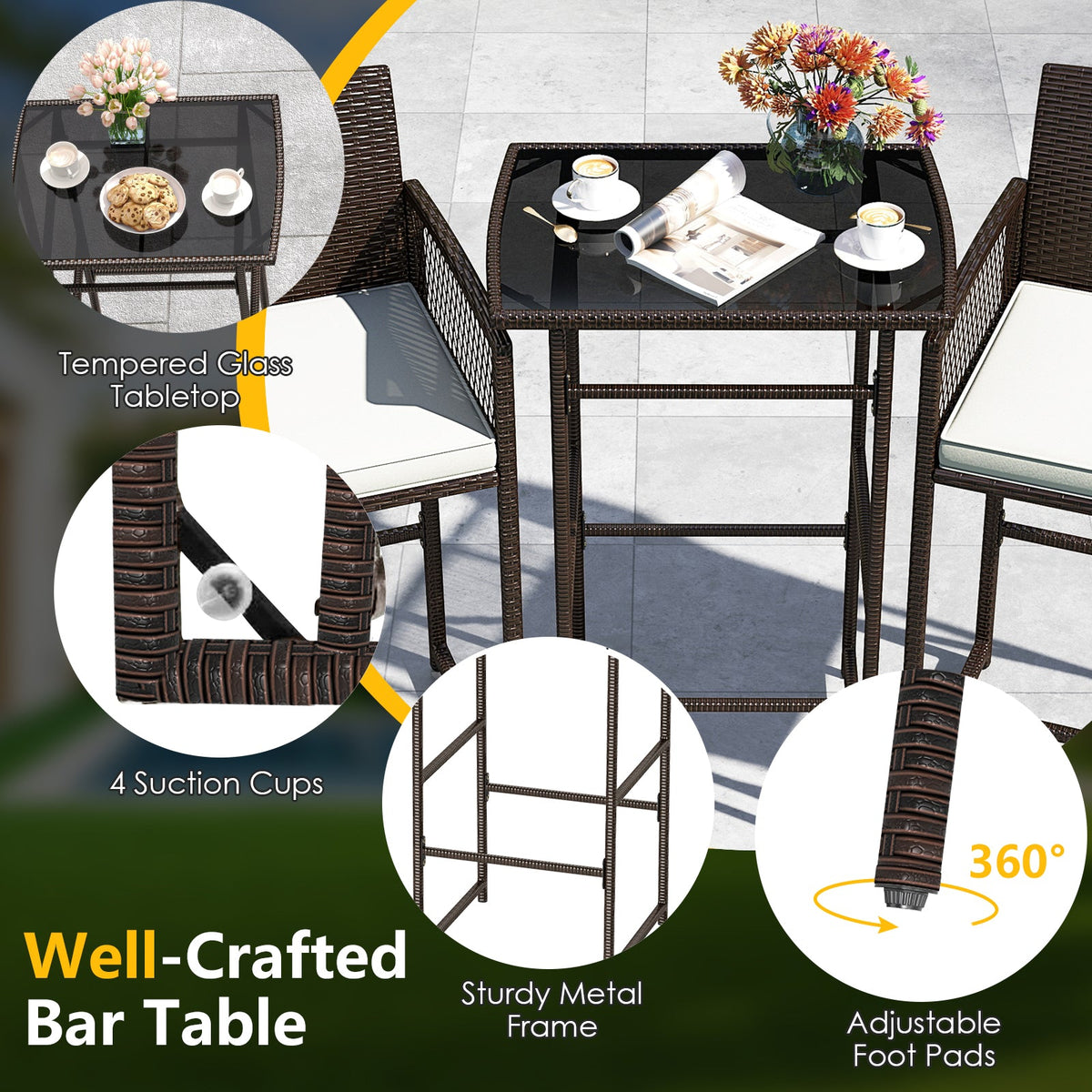 3 Piece Patio Bar Set Outdoor Wicker Bar Height Table and Armchairs with 2 Seat Cushions-White