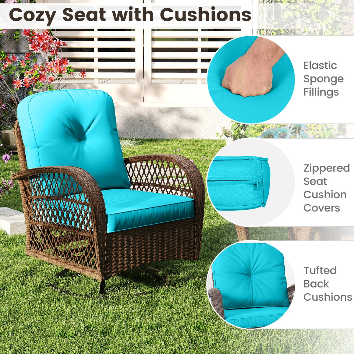 3-Piece Patio Swivel Rocker Set with Glass Side Table