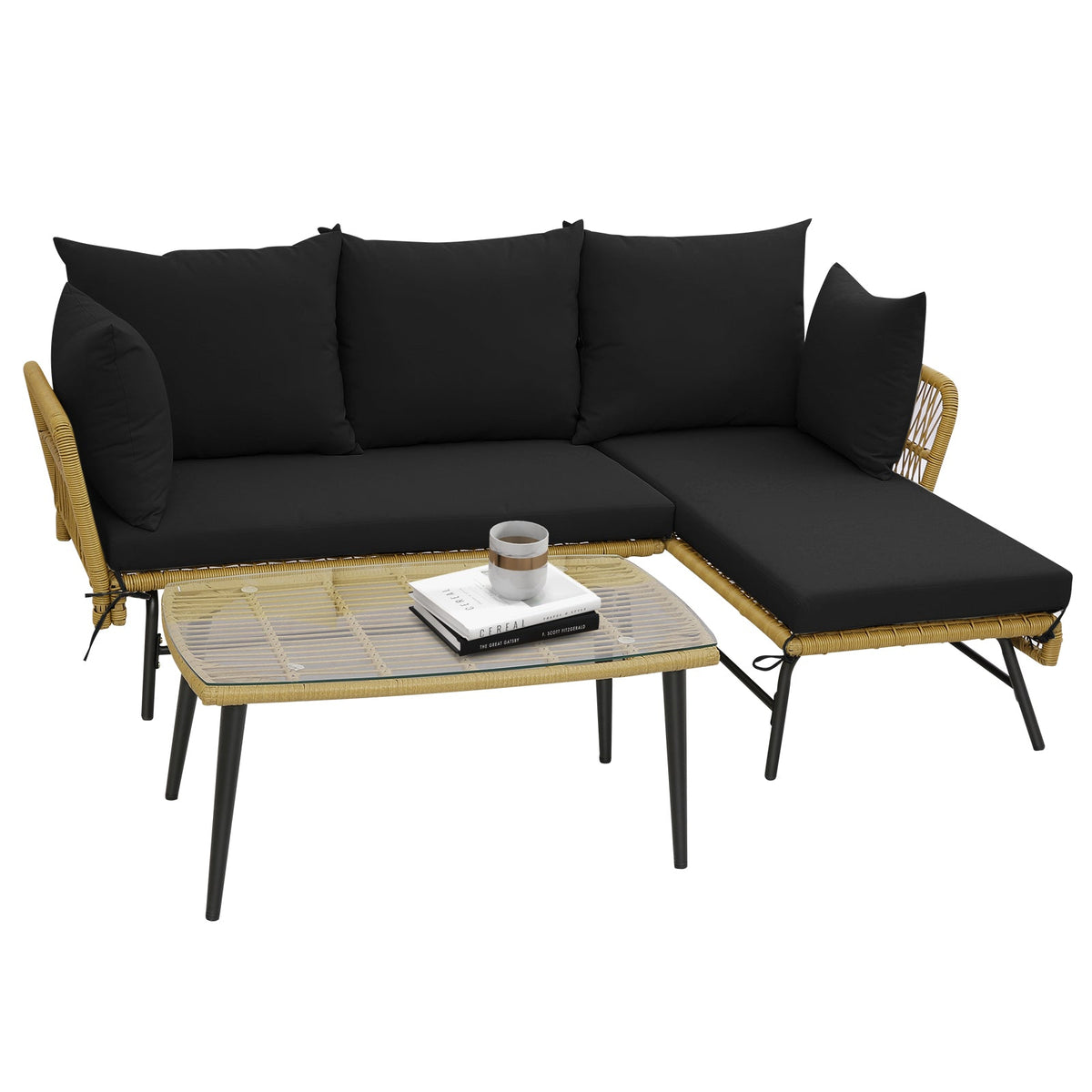 3 Pieces L-Shaped Patio Sofa with Cushions and Tempered Glass Table