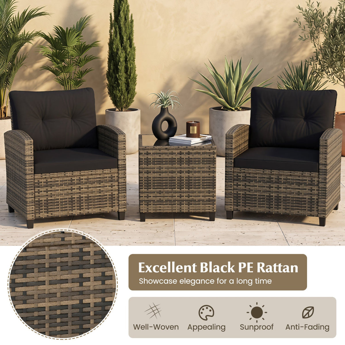 3-Piece Patio Conversation Set with Tempered Glass Table DirectDeals