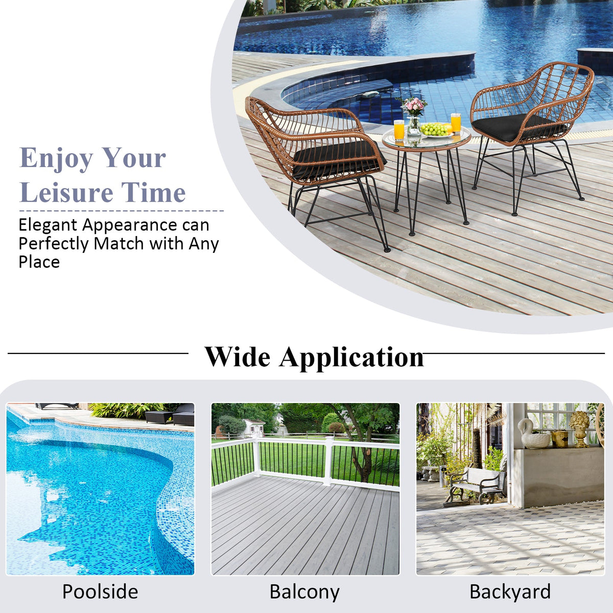 3 Pieces Patio Rattan Bistro Set with Cushion