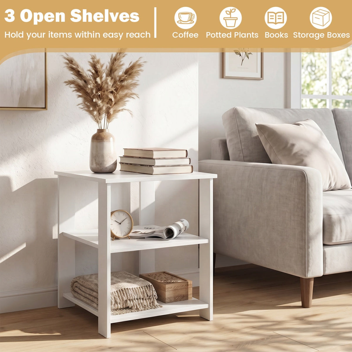 3-Tier Square Side Table with Open Storage Shelves Set of 2 DirectDeals