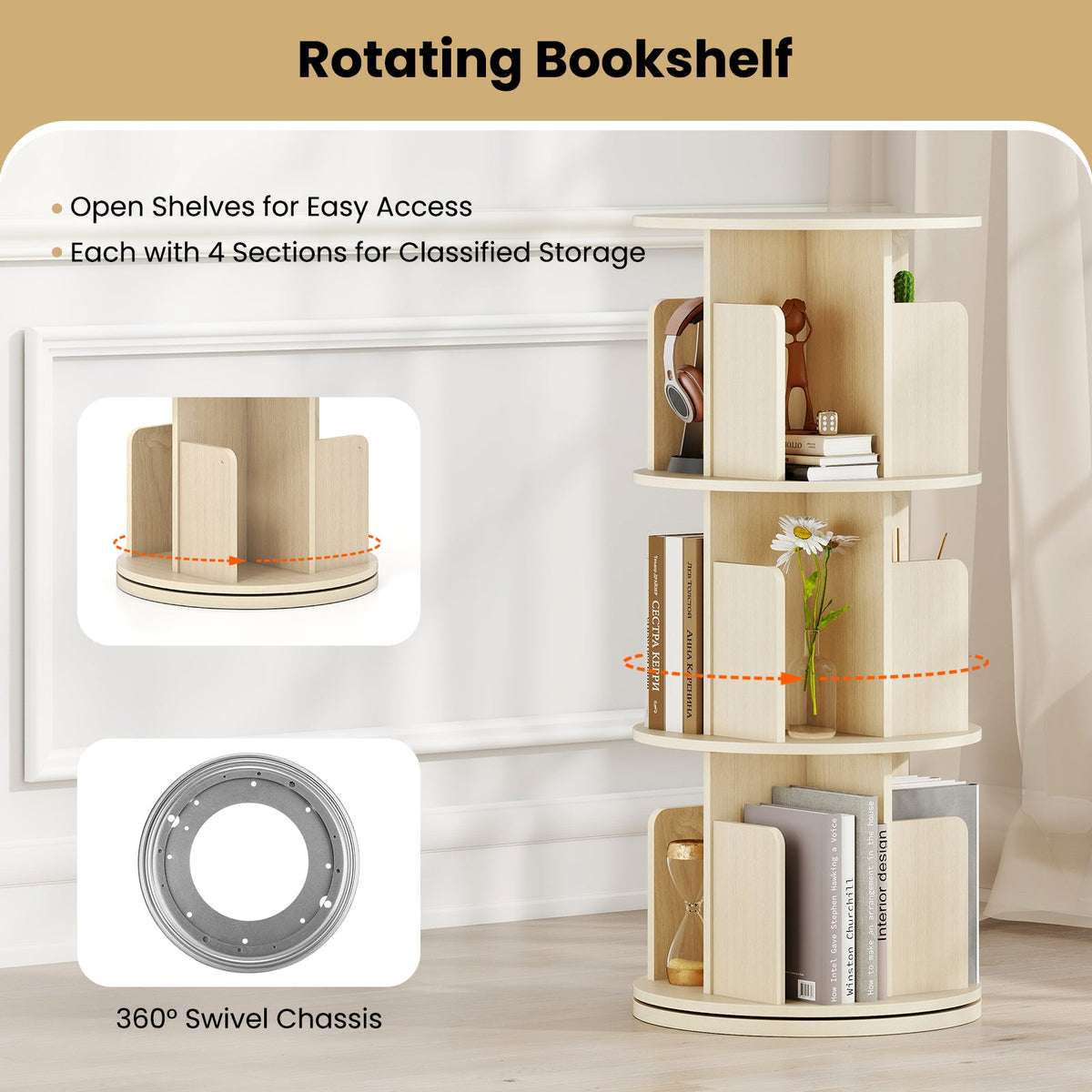 3-Tier Rotating Bookshelf with Dividers and Anti-falling Baffles