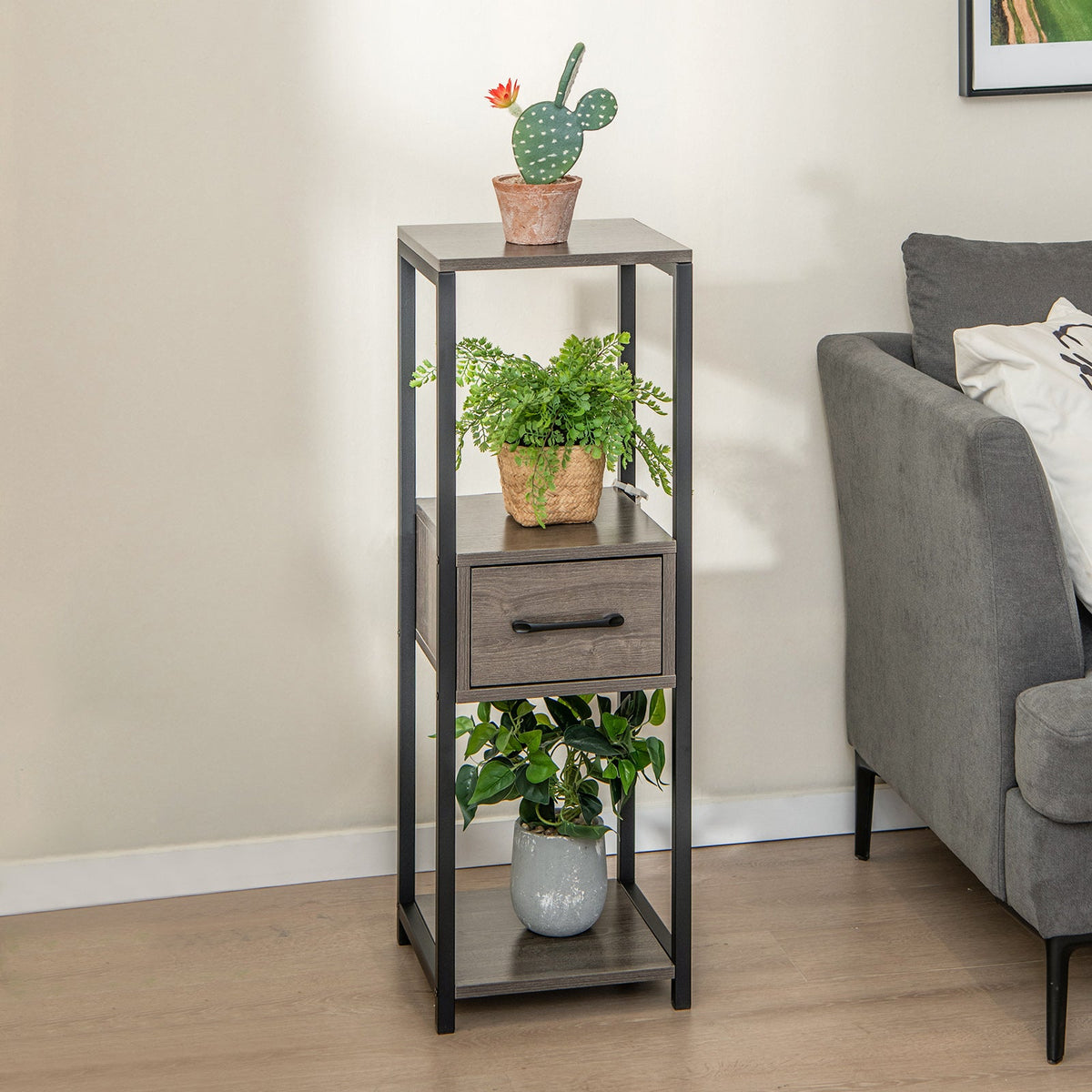 3 Tier Tall Metal Plant Stand with Drawer for Balcony Office-Gray DirectDeals