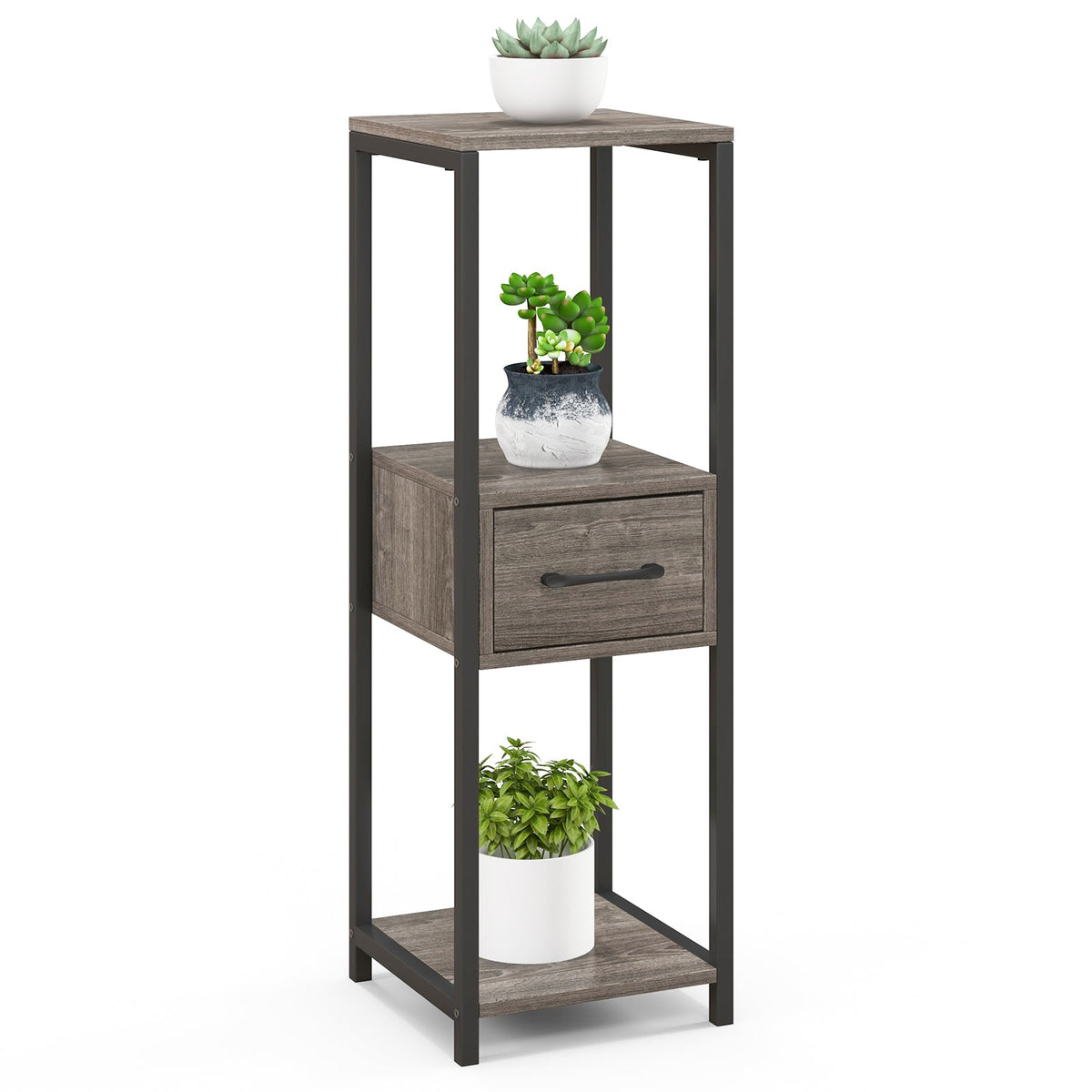 3 Tier Tall Metal Plant Stand with Drawer for Balcony Office-Gray DirectDeals