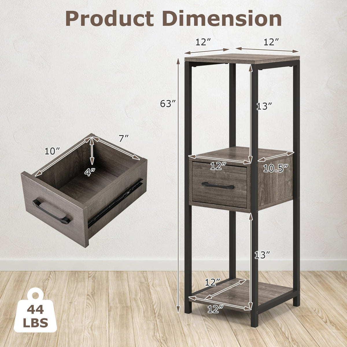 3 Tier Tall Metal Plant Stand with Drawer for Balcony Office-Gray DirectDeals