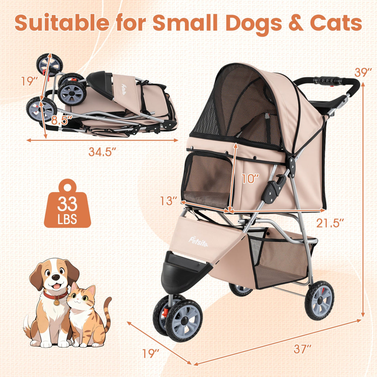 3 Wheel Pet Stroller for Small Dogs Cats up to 33 LBS DirectDeals