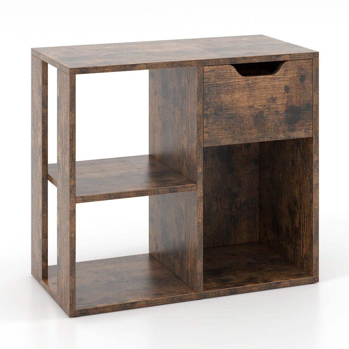 3-Cube Bookcase 2-tier Wooden Storage Shelf with Pull-out Drawer-Brown