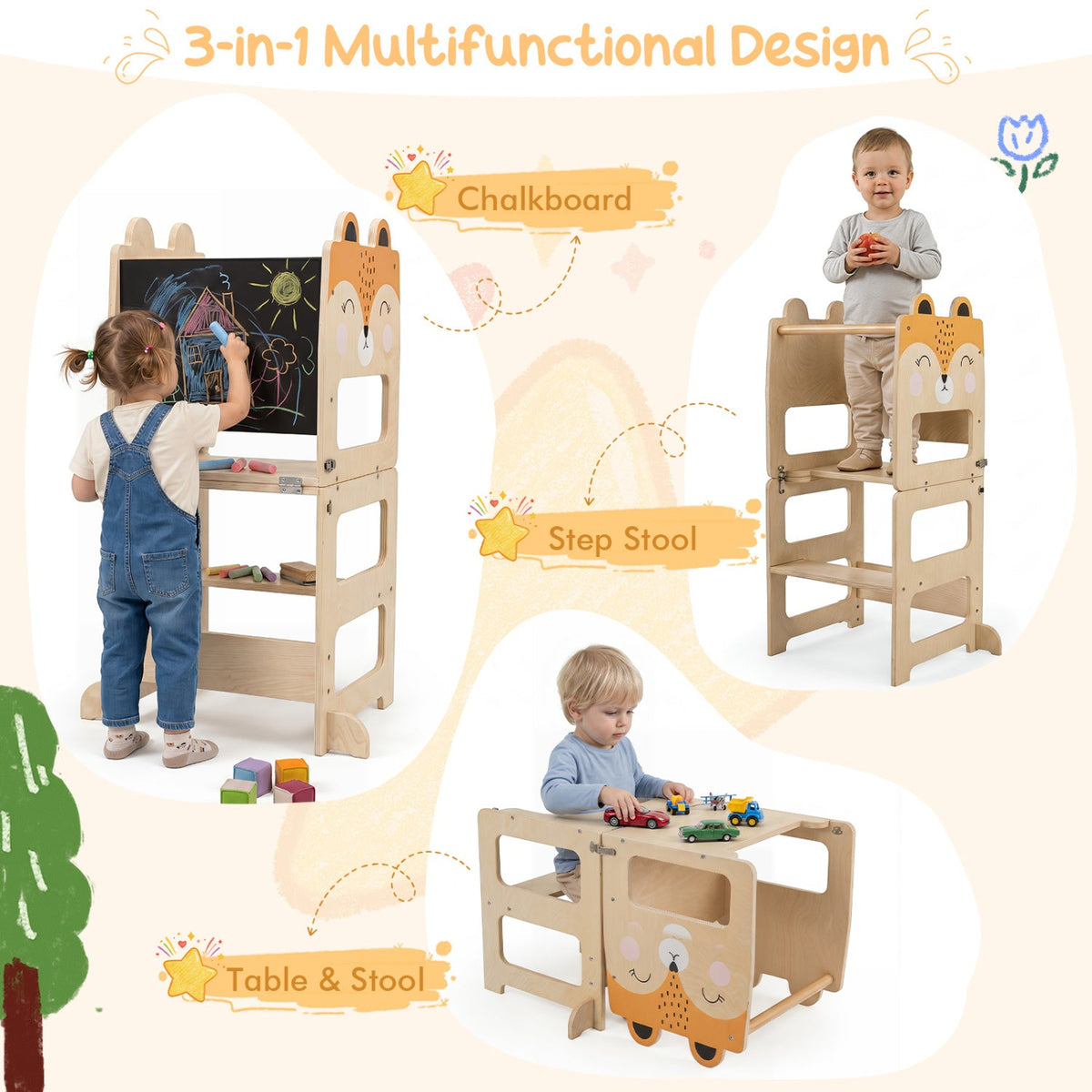 3-in-1 Wooden Kids Step Stool with Chalkboard DirectDeals
